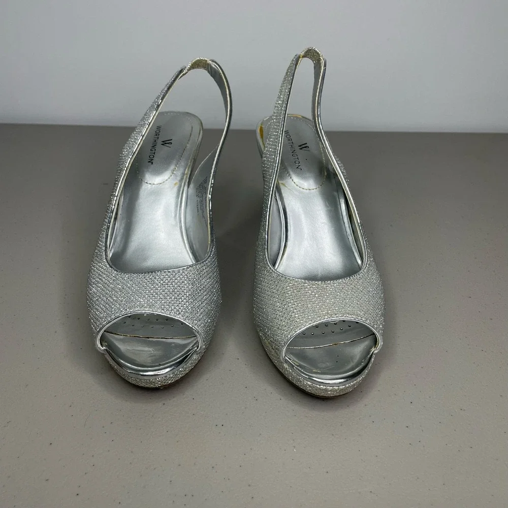 Worthington Pump Heels Slingback‎ Ankle Strap Open Toe Studded Silver Size 6.5